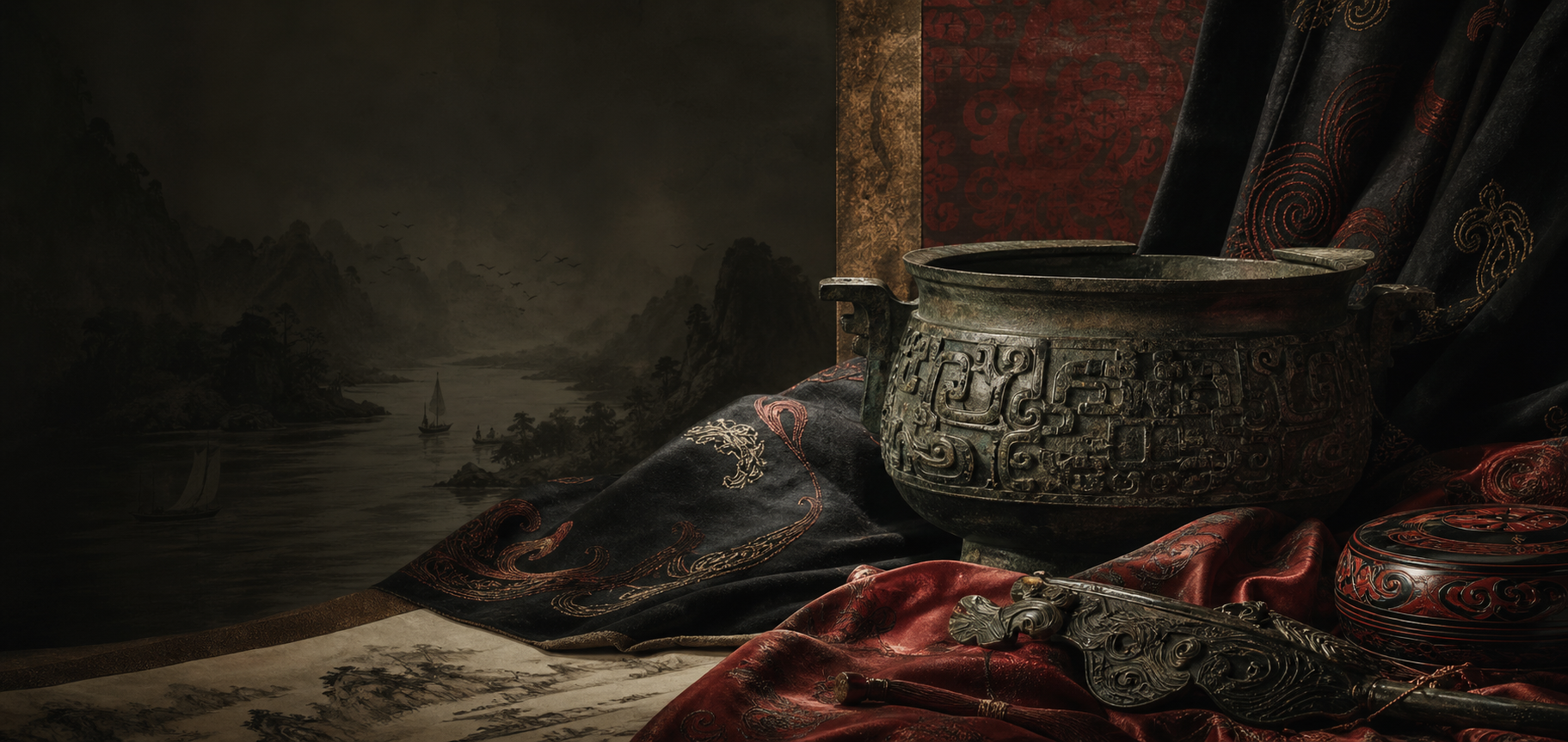 Composizione evocativa con bronzo antico, seta scura, inchiostro e accenti rosso lacca